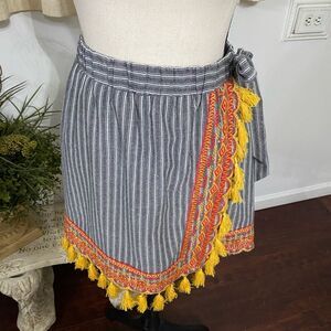Gray Striped Embroidered wrap skirt Boho Size Small
